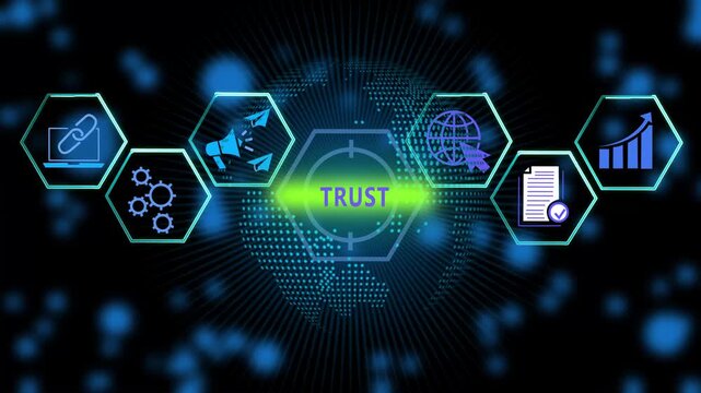 Digital trust and corporate integrity concept featuring animated hexagonal with global network connectivity, business growth charts, and secure data verification symbols on a dark tech background