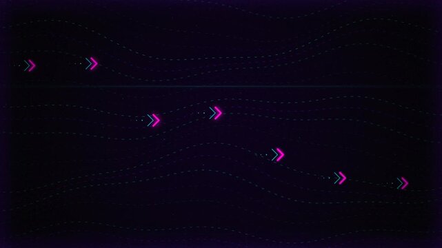 Neon pink arrows moving along dashed wavy lines on dark background, ideal for navigation, tech and ui