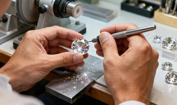 Photorealistic first-person view of a skilled gem cutter faceting a precious gemstone with precision tools.