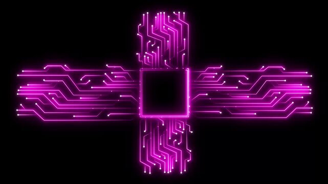 White Neon Circuit Board Lines Connecting Rectangles on Black Background technology glowing