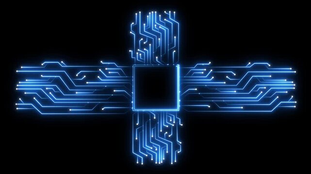 White Neon Circuit Board Lines Connecting Rectangles on Black Background technology glowing