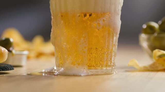Fresh Spanish small beer served in a small glass with creamy foam at a traditional bar. Classic draft lager, authentic pub atmosphere, close-up food and drink