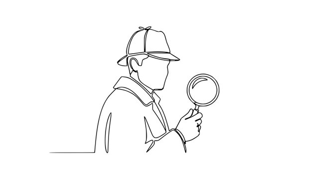 Detective with magnifying glass, one line drawing, minimalist style, investigation concept