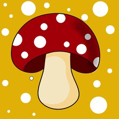Cute cartoon red spotted mushroom illustration with a bright yellow background. Simple flat design, whimsical forest fungus icon, perfect for children's designs, stickers, posters