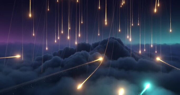 Glowing meteor trails streak through thick dark clouds as multiple illuminated particles fall from the sky in this cinematic 3D digital motion video animation sequence