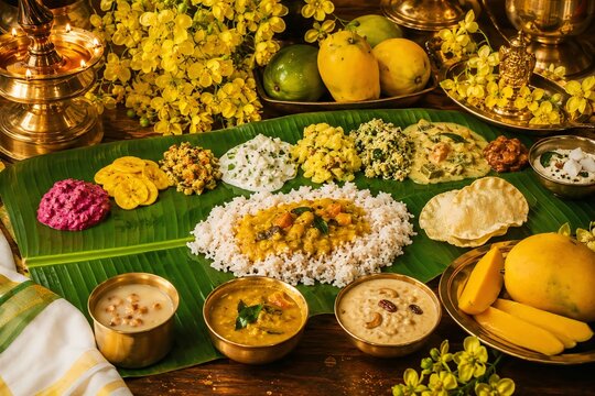 Traditional Kerala Sadya Feast Served on Banana Leaf with Authentic South Indian Onam Cuisine
