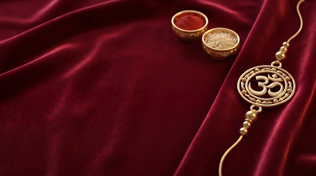 Golden Om Rakhi with Kumkum and Rice Bowls on Red Velvet for Raksha Bandhan