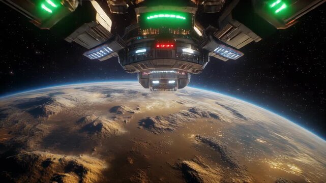 Sci-fi Spaceship Exits Futuristic Space Station Above Earth
