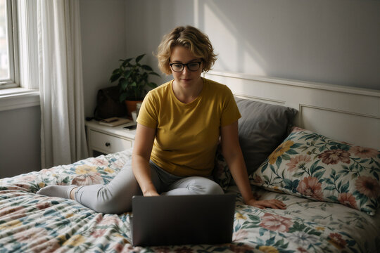 Woman working remotely on a laptop in bed, embodying the modern hybrid work lifestyle with natural light.