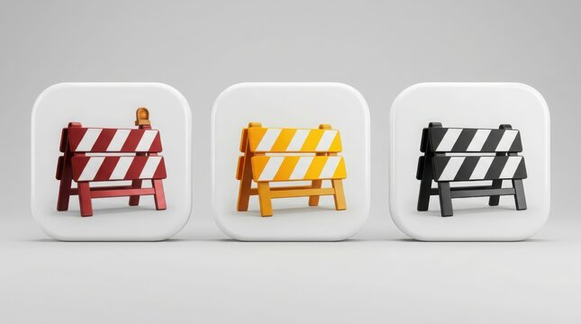 Set of three 3d road construction barrier icons in red orange and black colors for traffic safety design and web site interface