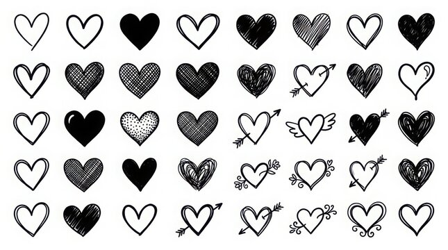 Set of hand drawn heart shapes and romantic love icons in black ink sketch style for wedding and valentines day design elements