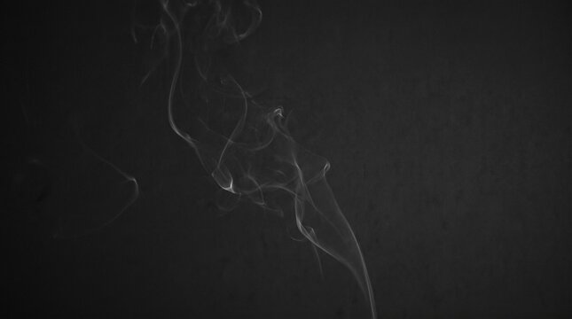 Minimalist photographic smoke wisps rising gracefully as delicate white tendrils against pure dark black background