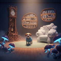 Whimsical fantasy room with a small dog and glowing mushrooms © kadi