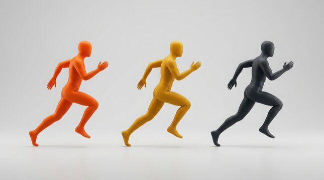 Three colorful human figures running together in a row showing motion and speed as a metaphor for progress and competition