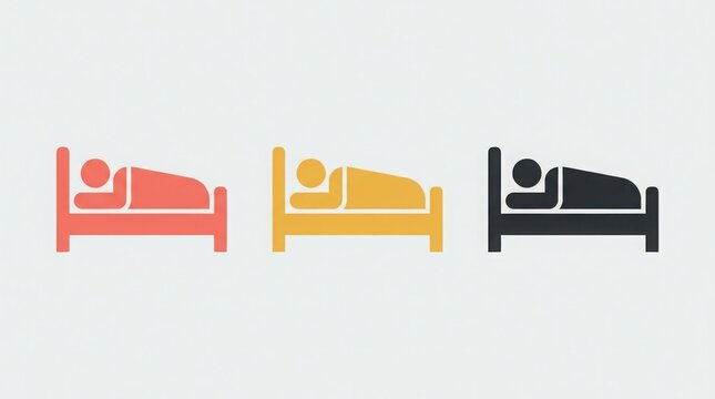 Set of three simple flat icons representing a person sleeping in a bed in red orange and black colors for hotel and travel design