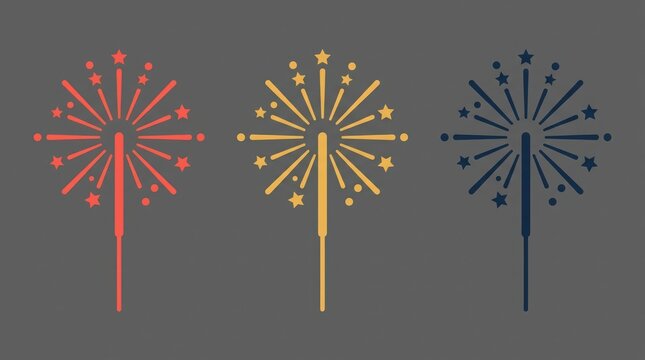 Three colorful sparkler firework icons with star shapes for celebration and party design elements set