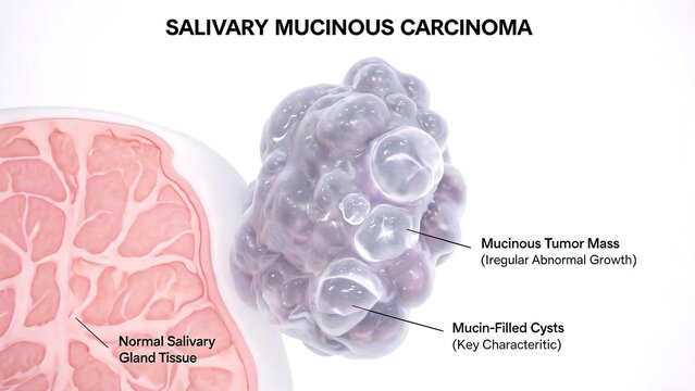 Labeled 3D medical illustration of salivary mucinous carcinoma, comparison of normal salivary gland tissue and irregular mucinous tumor mass with mucin-filled cysts, white clean background, oral patho