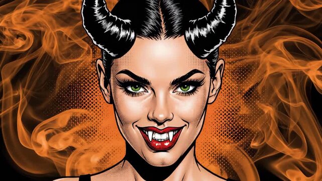 Pop Art Comic Style Devil Woman with Vampire Fangs and Swirling Orange Smoke