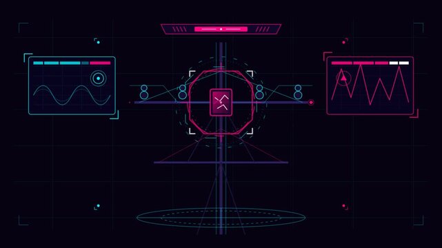 Futuristic hud interface with glowing charts and radar elements on dark background