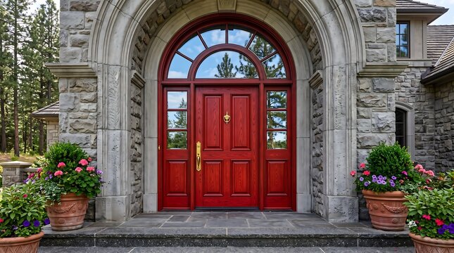 Grand red wooden front door entrance of luxury stone house with arched doorway and potted flowers.