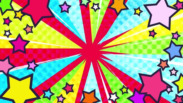 目立つ星と模様の入ったカラフルな集中線背景動画。激しく光る赤いサンバーストアニメーション