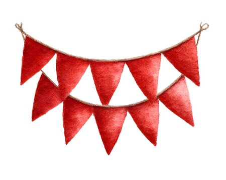 Watercolor red pennant flag garland banner on a white background