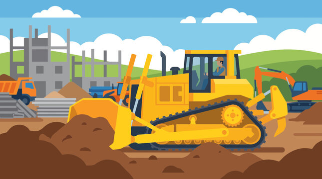 Bulldozer Clearing Ground at Large Construction Site
