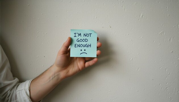 A hand holds a sticky note saying IM NOT GOOD ENOUGH, symbolizing feelings of inadequacy and burnout for mental health awareness.