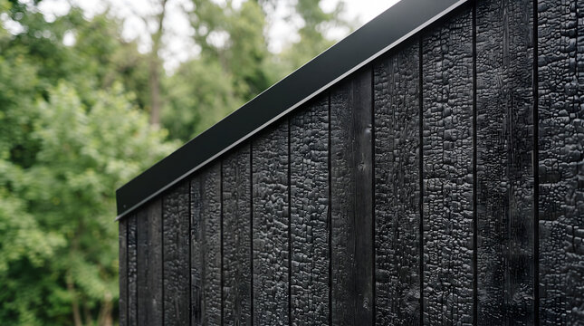 A close-up shot of a modern architectural exterior wall clad in traditional Japanese shou sugi ban charred black wood. The highly textured carbonized timber planks feature a dark metal trim, set ag...