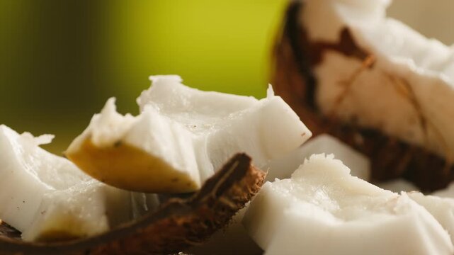 Coconut, Fresh whole and halved coconut isolated on a white background. Tropical exotic fruit with natural brown shell and white flesh. Healthy organic food, vegan ingredient, summer, close-up.