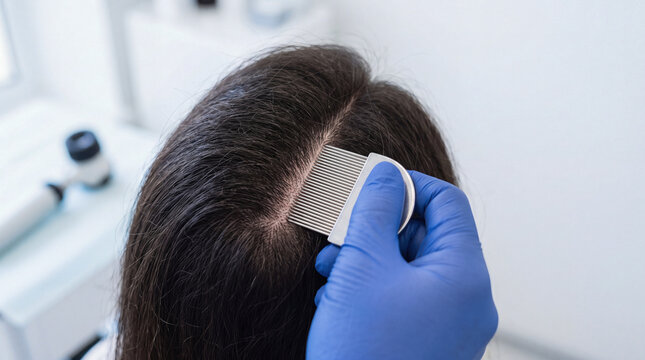 Hair inspection with nit comb by dermatologist checking scalp health and medical examination
