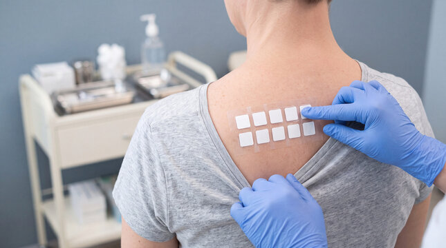 Doctor applying allergy patch test on patient back in medical clinic examining skin reaction