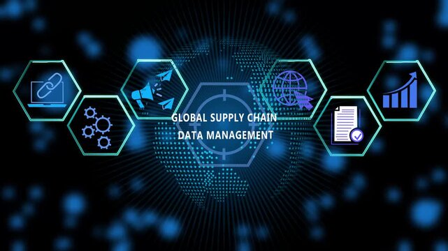 Global supply chain data management digital infographic with animated hexagon futuristic network connectivity, logistics optimization, international trade analytics, and cyber technology concept