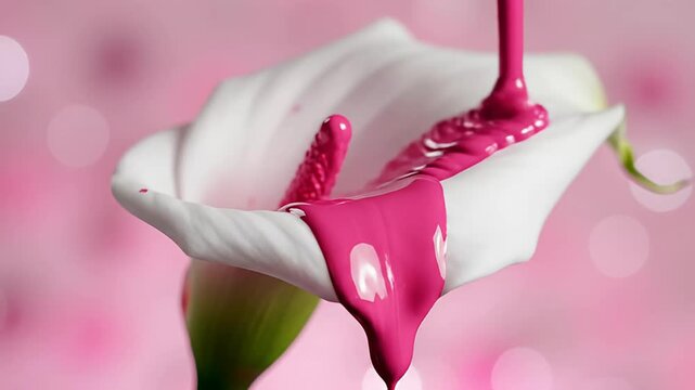 Pink liquid dripping into white calla lily flower.