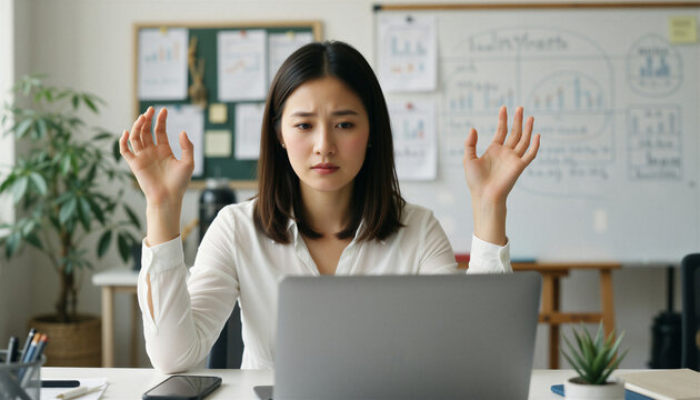 Asian woman showing stress at work, raising hands over laptop, symbolizing mental health challenges.