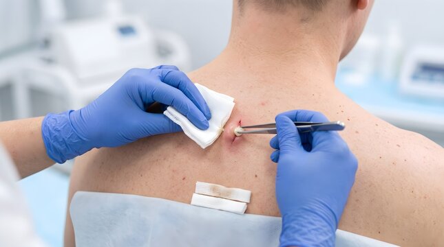 Macro Closeup of Dermatologist Performing Incision and Drainage of Sebaceous Cyst on Patient Back