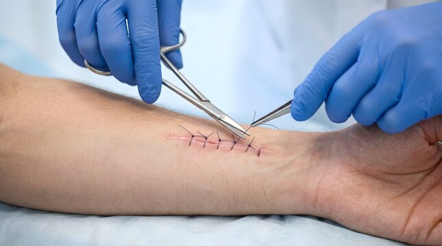 Macro Close Up of Dermatologist Removing Sutures from Healed Incision on Forearm