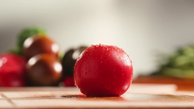 Chop tomato close up, Diced kumato tomatoes on a cutting board for Italian sauce, chef cut tomatoes with knife. 