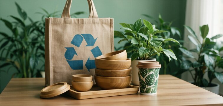 Eco-friendly collection featuring a reusable bag, bamboo bowls, and sustainable tableware on a light wood surface.