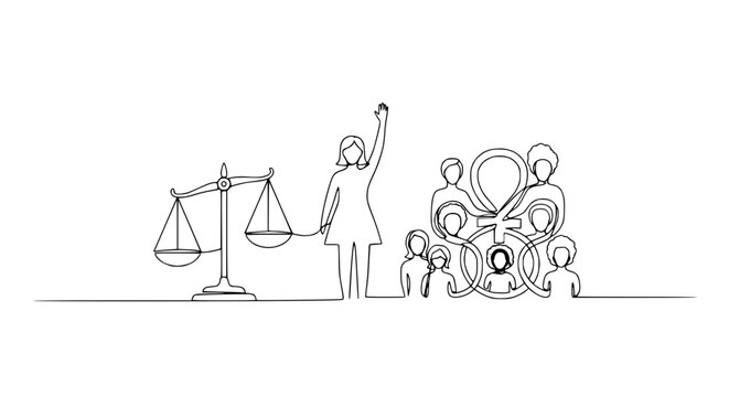 Feminism concept art: scales of justice, raised fist woman, women's symbol, community, equality