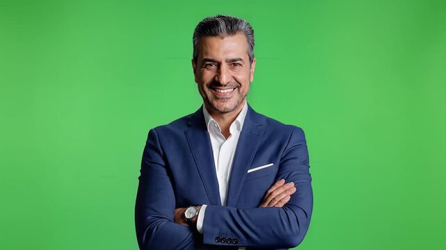 Mature businessman in blue suit smiling confidently with folded arms against green backdrop