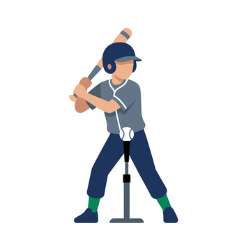Flat vector illustration of a faceless youth baseball player in a batting stance with a wooden bat and ball on a hitting tee, wearing a blue helmet and uniform on a white background.