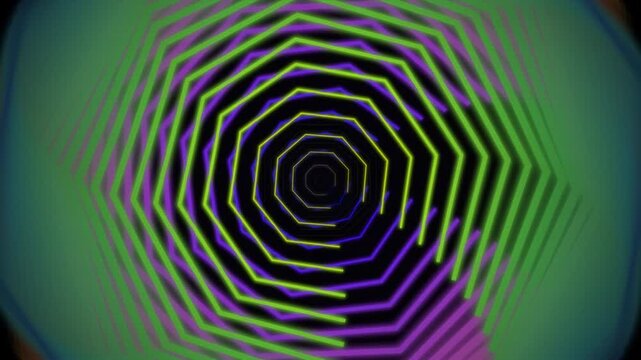 Vibrant neon glowing concentric octagonal tunnel pulsing and changing colors, perfect for VJ loops, music videos and stage backgrounds