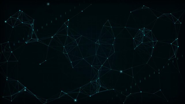 Glowing cyan plexus network connecting digital data points on dark background, suitable for tech presentations, AI concepts and data visualization