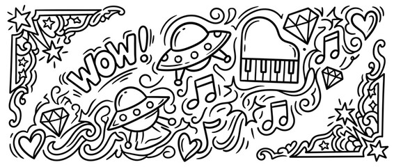 Whimsical doodle art with UFOs, piano, and stars on transparent background © wowok