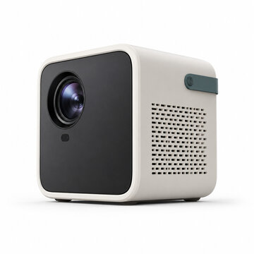 Mini projector and portable display device isolated on white background, minimal side profile view