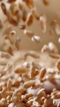 Macro view of organic wheat grains falling in slow motion