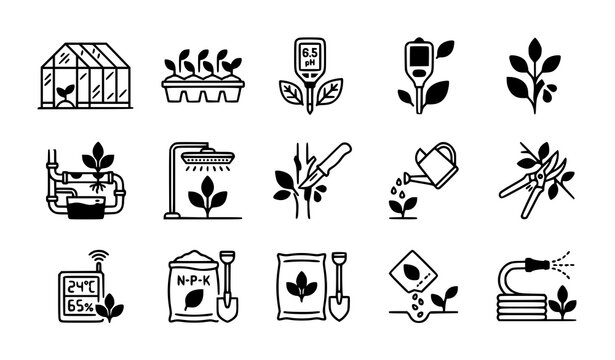 Greenhouse horticulture thin line icons vector set with seedling tray grow light and hydroponics symbols for commercial plant cultivation design