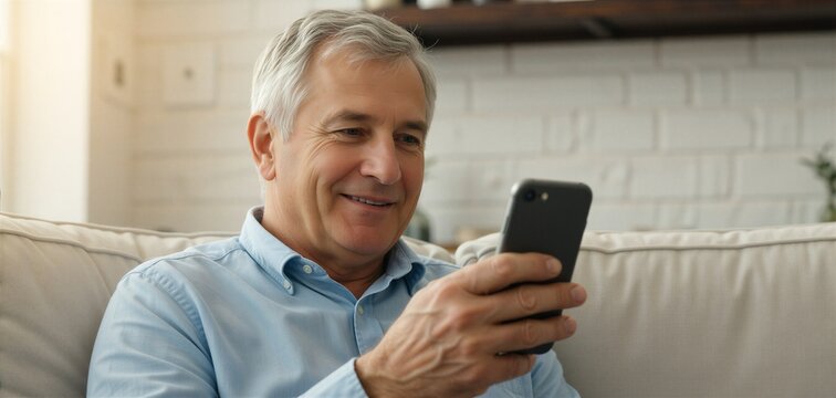 Smiling senior man enjoying technology while relaxing on a couch, representing active aging trends.