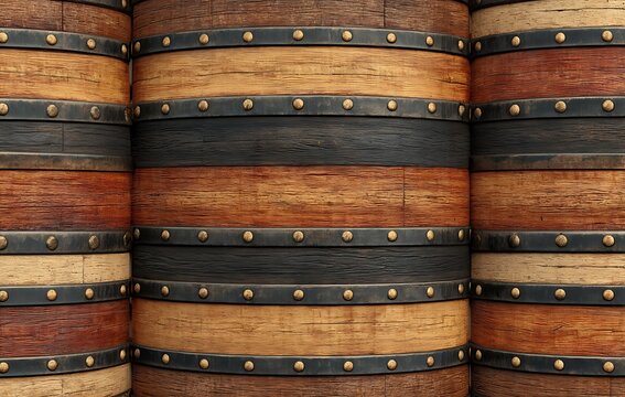 Wine barrel wood texture with metal rings background